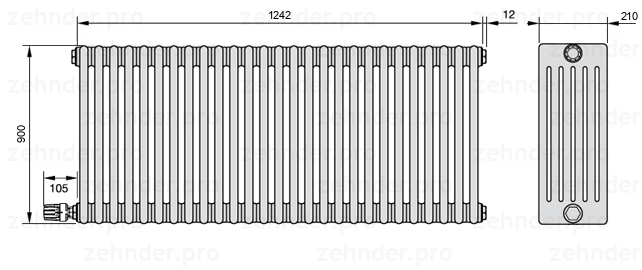 Схема (чертеж) Радиатор Zehnder Charleston 6090/27 №V003 Белый глянцевый RAL 9016